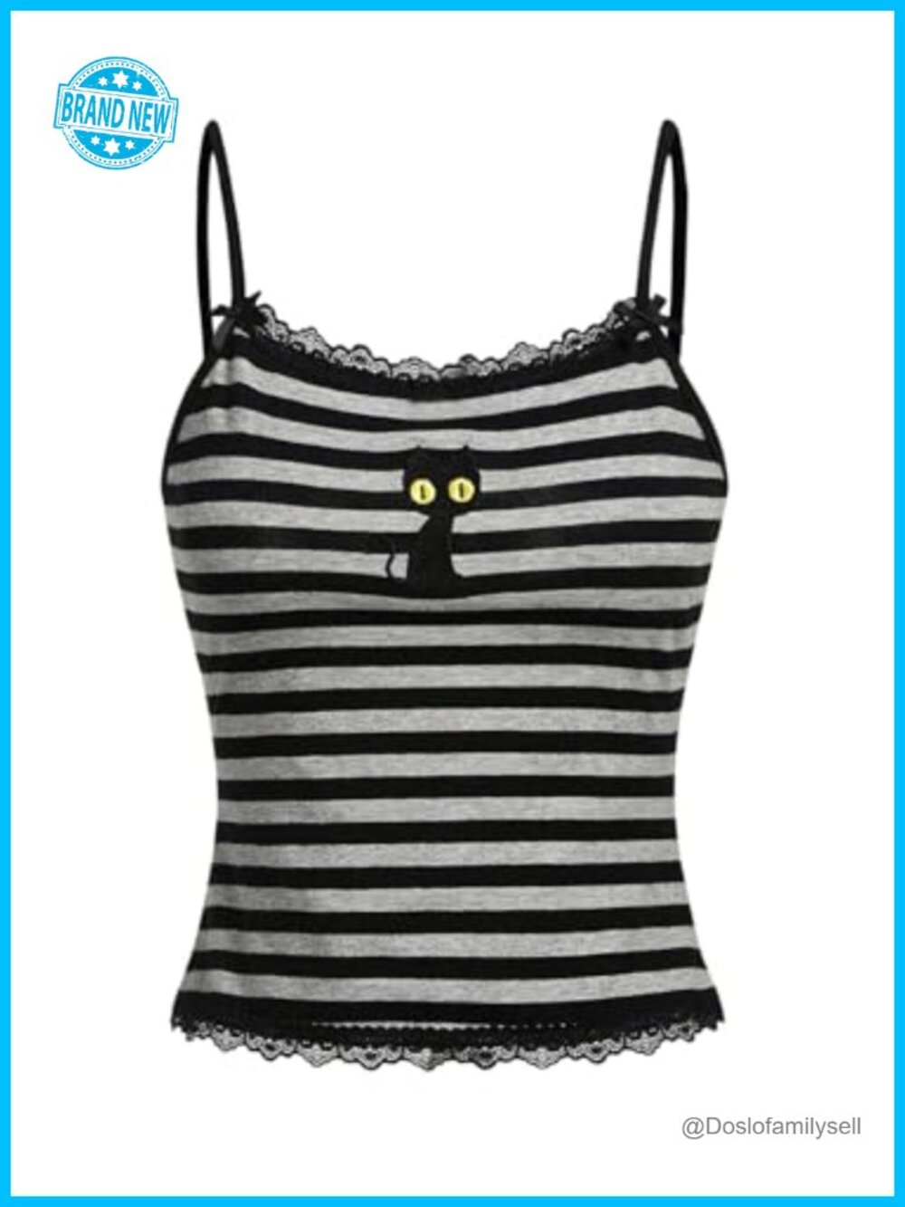 Y2k Lace Striped Cami Crop Cat Embroidery Gothic Top